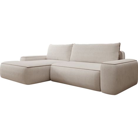 Canapé d'angle gauche convertible en velours côtelé beige ZOMELA (1/5)