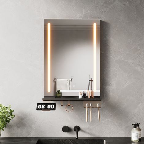 SIRHONA Anti-Fog  Mirror lumineux de salle de bain with avec étagère de rangement, réglable en 3 couleurs, 50x70 cm