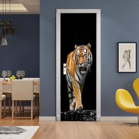 2 stickers porte 3D autocollants tigre, PVC non toxique, 77x200 cm, décoration murale salon chambre (1/4)