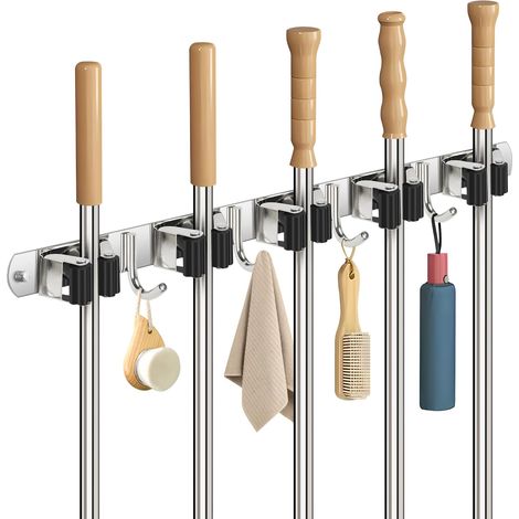 Accroche Balai Mural, Porte Balais Mural en Acier Inoxydable, Support Balais Mural avec 5 Supports et 4 Crochets, Accroche Balai pour Cuisine, Salle de Bain, Garage et Jardin