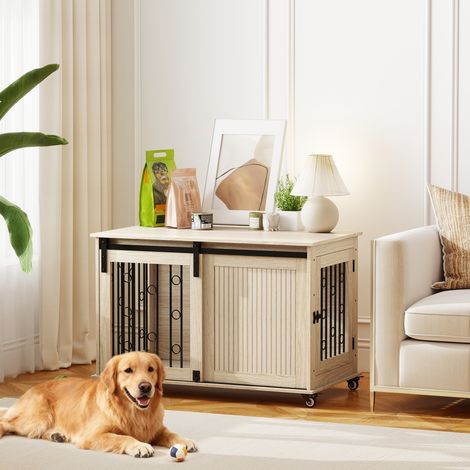 Cage pour chien sur roulettes, porte coulissante, 100 x 56 x 65 cm, bois, acier