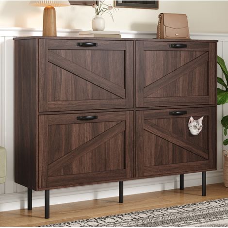 Meuble rangement chaussures 4 portes 120 x 28 cm noyer OKMYHOME (1/5)