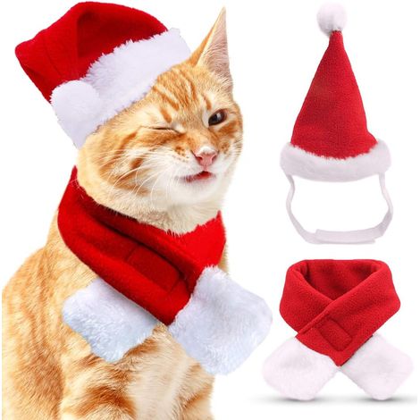 Deguisement de Noël pour Chien Chat, Accessoire Tenue Costume de Noel Bonnet de Père Noël et Écharpe pour Animal de Compagnie, Rouge Vêtements Collier Cadeau Décoration Noel pour Petits Chiens Chats (1/5)