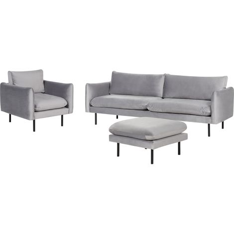 Conjunto de sala de estar 3 plazas estilo retro moderno sofá sillón otomana de terciopelo gris patas negras Vinterbro