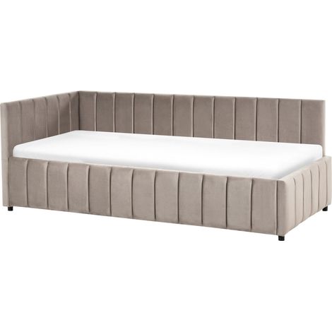 EU Single Size Bed Taupe Velvet Upholstery 3ft Quilted Elegant Slatted Base Wooden Legs LISIEUX (1/5)