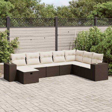 Ensemble de Salon Jardin 8 Pièces Modulable en Résine Tressée Marron avec Coussins Blanc Crème et Fonction Rangement, Dimensions Canapé 93x62x69cm (1/4)