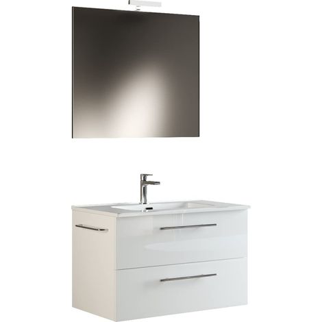 Meuble de Salle de Bain Suspendu 60 cm Gris avec lavabo, Miroir et Lampe LED, L.62 x P.47, Bois, Blanc Brillant laqué, L. 62 X P. 47 X H. 53 CM (1/5)