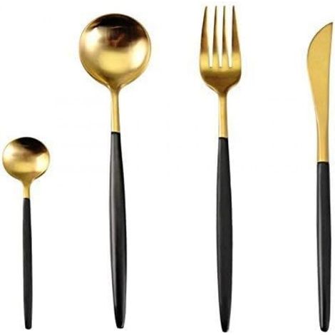 Couverts - Ensemble 4 Pièces Acier Inoxydable - Noir Doré - Couteau Cuillère à Soupe Fourchette Cuillère à Café - 1 Set (1/5)