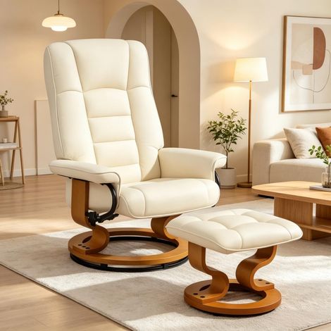 Sillón reclinable de relajación con reposapiés, sillón reclinable giratorio con estructura de madera y revestimiento para sala de estar. (1/5)