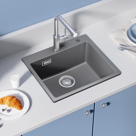 Évier de cuisine CECIPA MAX en résine 50x45 cm - évier encastrable gris moderne avec siphon, bonde de vidage et trop-plein intégré (1/5)