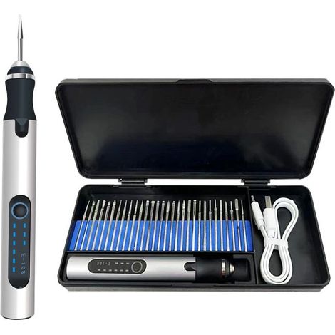 Stylo Graveur Électrique, Graveur Électrique Mini Outil Graver Bricolage, Mini Stylo De Gravure USB Rechargeable Stylo Graveur Multifonctionnel, Pour Bijoux Métal Verre Pierre Plastique Bois, Argent (1/4)