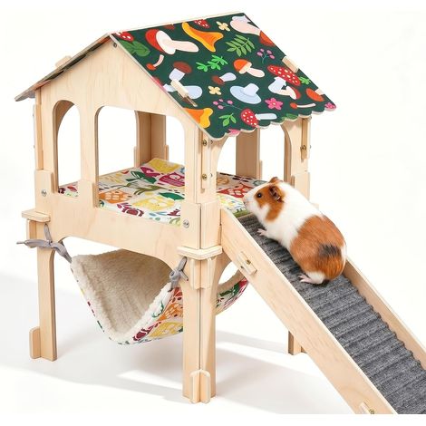 Grande Maison pour Cochon d'Inde en Bois avec Échelle, Plateforme et Hamac (1/5)