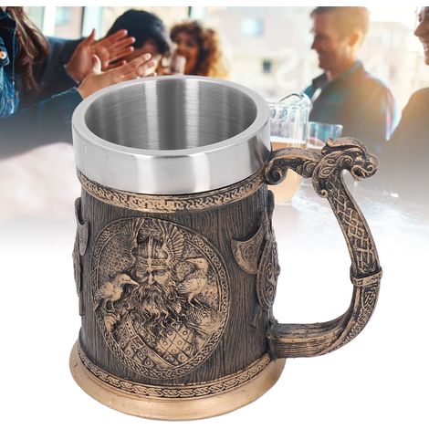 Tazza con un esclusivo dettaglio di drago pirata in bronzo, colore anticato, capacità extra-large, realizzata in acciaio inox 304, ideale per birra o caffè, dimensioni 14,4 x 16,3 cm, peso 789 g, un r (1/4)