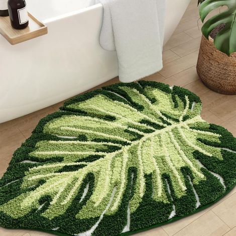 Grün Tapis de Bain, Tapis de Douche, Tapis de Salle de Bain en Forme de Feuille de Monstera, Tapis de Sol Tropical, Tapis de WC Lavable antidérapant, Tapis de to (1/5)