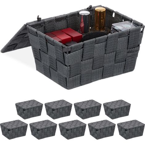 Set of 10 Relaxdays Lidded Storage Baskets with Lid, Bathroom Storage, PP, HxWxD: 10.5 x 19.5 x 14.5 cm, Grey
