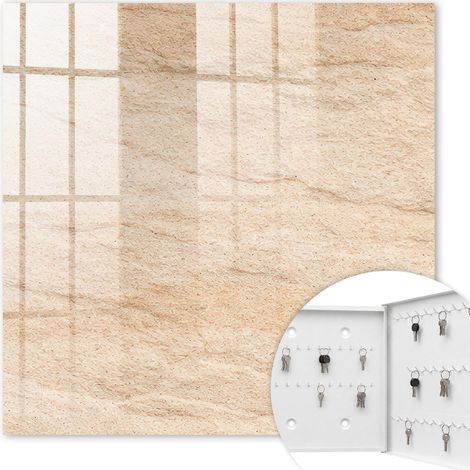 Armoire à clés - (30 cm x 30 cm) - Boîte à clés murale - Coffret de rangement pour clés - Couleur blanche - Ouverture vers la droite - Pour maison et bureau - Texture de pierre