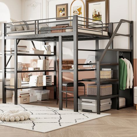 Hochbett Metall Schwarz 140x200 cm mit Schreibtisch, Kleiderschrank und Treppe mit Stauraum (1/5)
