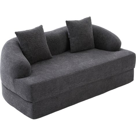 Canapé 2 places convertible avec revêtement en chenille gris foncé et deux coussins (1/5)