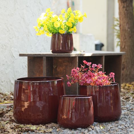 Set di 4 vasi per piante, Ø33 cm, 26 cm, 20 cm, 15 cm, ceramica rossa lucida (1/5)