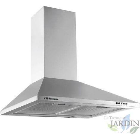 Cappa decorativa in ACCIAIO INOX Orbegozo.  Motore da 65 W.  Classe energetica D. 3 livelli di potenza.  Larghezza: 60 cm.
