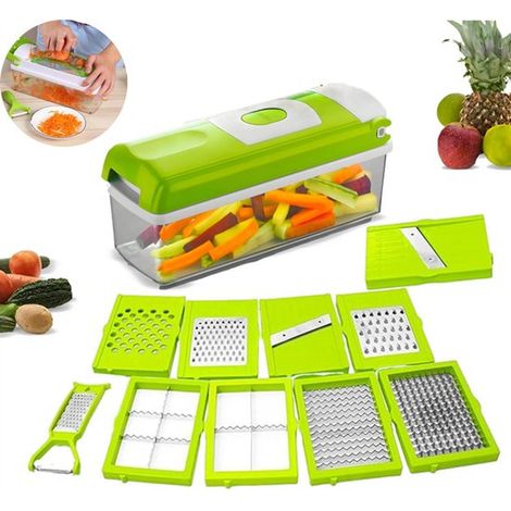 Tagliaverdure multifunzione 12 in 1 - Aiuto professionale in cucina con contenitore di raccolta: tagliaverdure, tritatutto, grattugia, affettatrice per frutta (1/5)