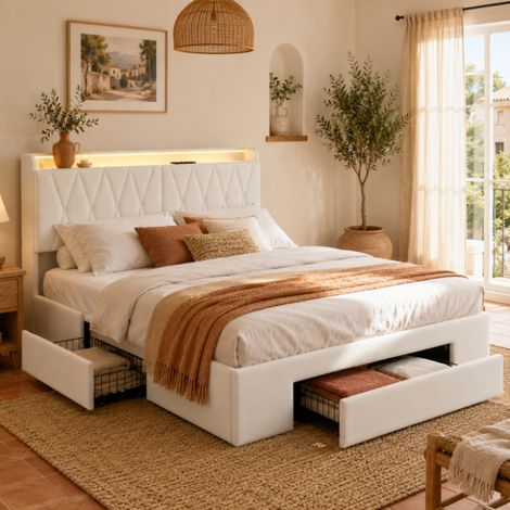 Lit 140x190 coffre, lit double, lit adulte avec 3 tiroirs, lit avec tête de rangement, avec LED et USB, Beige, Matelas non compris (1/5)