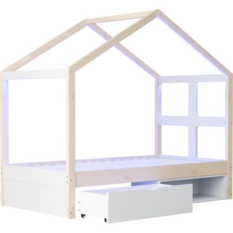 Lit cabane 90 x 190 cm en bois avec tiroirs, petit range-chaussures et bande LED (1/5)