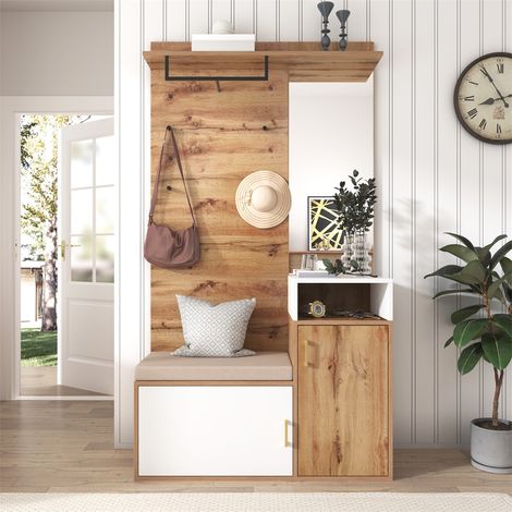 Skandinavische Garderobe für den Eingangsbereich 105 x 40 x 190 cm – Wandspiegel mit Hakenleiste und Schuhbank – Weiß und Eiche (1/5)