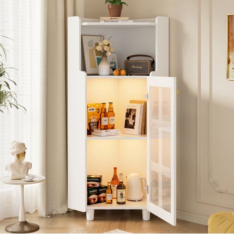 Mueble esquinero con iluminación LED controlada por aplicación, armarios con puertas de cristal y espacio de almacenamiento abierto, estructura de MDF - blanco (1/5)