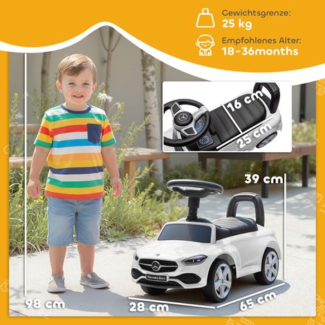 Voiture électrique Mercedes-Benz Classe C avec klaxon, bruits de moteur et espace de rangement, pour enfants de 18 à 36 mois, blanche. (1/5)
