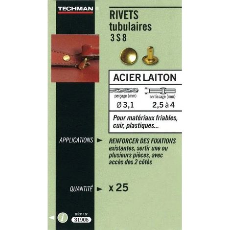 Rivetto Techman tubular 3x8 25 pezzi ottone acciaio