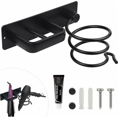 Soporte de pared para secador de pelo, soporte para plancha de pelo con soporte para cable para guardar secador y plancha, perforable y adhesivo, dos métodos de instalación, negro (1/5)