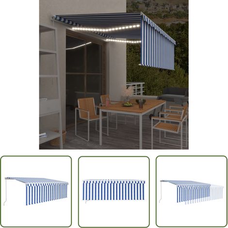 The Living Store Markise Manuell Einziehbar mit Rollo & LED 4x3 m Blau & Weiß - Markise - Sonnensegel - Gartendekoration - Terrassenüberdachung - Balkonabdeckung (1/5)