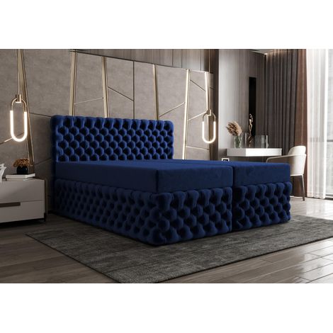 Lit Boxspring Figo - Bleu Foncé - 160x200 Cm - Lit Moderne - Design Élégant - Matelas À Ressorts Ensachés (1/4)