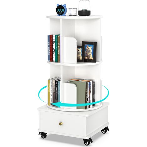 Libreria a 2 ripiani, girevole a 360°, con ruote, scaffale portaoggetti, 40x40x88,5 cm, bianco (1/5)