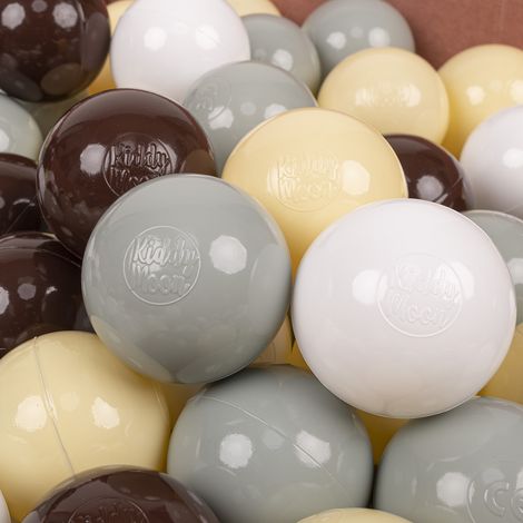 Palline di plastica KiddyMoon da 7 cm, colori verde-grigio-giallo pastello-marrone-bianco, set da 200 palline giocattolo (1/3)