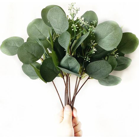 24 tiges et branches d'eucalyptus artificielles, feuilles rondes et fleurs blanches décoratives, plante artificielle pour décoration de mariage (1/5)