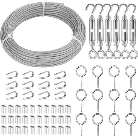 Cable Acier 3mm/30M Corde en Acier Inoxydable à Suspendre Kit, Câble inox Inoxydable Revêtu avec M4 Tendeur Cable,Kit de 3mm Cable Metallique pour Plantes Grimpante, Suspension, Clôture (1/5)