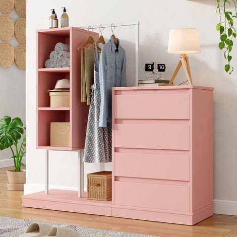 Offener Kleiderschrank mit Schubladen, Stauraummöbel für Schlafzimmer oder Flur, aus Holz und Metall, 140 × 40 × 135 cm, mit 4 Schubladen und Kleiderstange, Rosa (1/5)