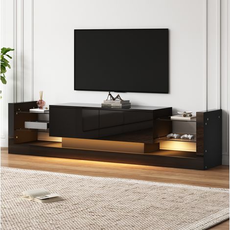 Meuble TV en panneaux de particules noir brillant 181 x 38 x 38 cm, LED intégrée, façade en verre, 2 abattants (1/5)