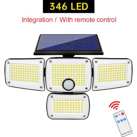 (346 LED intégrées) Lampe murale solaire extérieure 182/112 LED avec têtes orientables, projecteur de sécurité LED étanche IP65 avec 3 modes de fonctionnement (1/5)