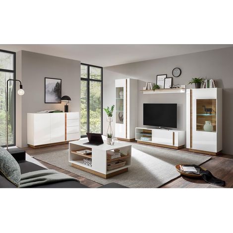Wohnwand-Set mit Couchtisch & Anrichte CELLE weiß Glanz mit Grandson Oak Eiche Nb., B/H/T ca. 290/194/40 cm (1/5)