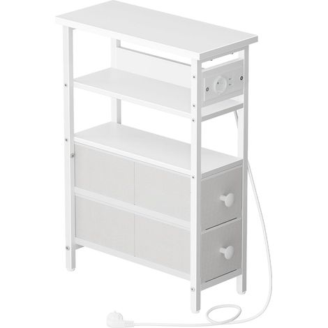 Table d’Appoint avec Station de Charge, Bout de Canapé avec Tiroirs Non-Tissé, Table de Chevet avec Rangement, pour Petits Espaces, Salon, Chambre, Blanc (1/5)