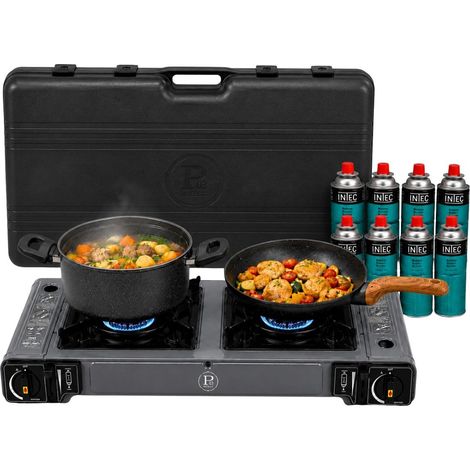 Réchaud à Gaz 2 Feux 3800W Allumage Piezo + 8 Cartouches gaz Butane - Cuisinière à gaz Portable Camping Cuisine Extérieure INTEC (1/5)