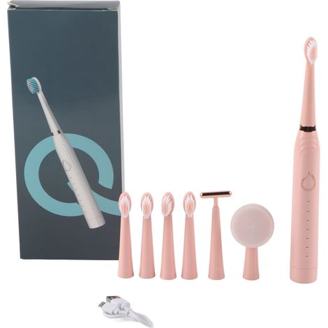 Brosse à dents électrique multifonction rose, poils souples, massage facial automatique, nettoyage dentaire (1/5)