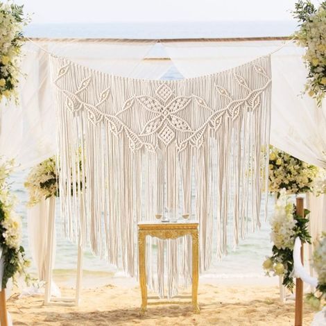 Décoration murale bohème en macramé - Décoration artisanale pour la maison - Décoration murale perlée pour mariage, chambre, salon - 100 x 96 cm (1/5)