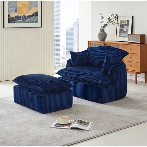 Canapé 1 place in tessuto flanella blu con pouf, design compatto, 115x89x77 cm (1/5)