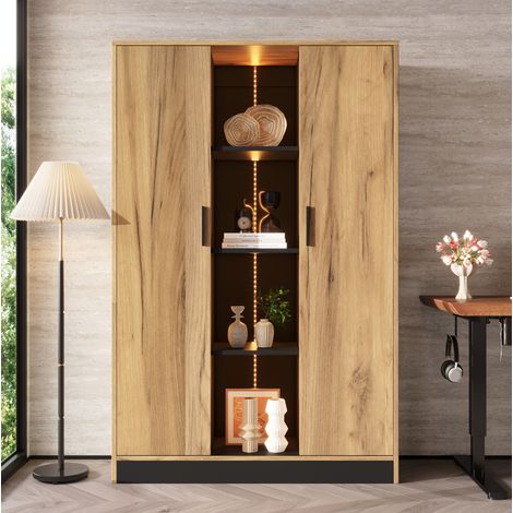 Vitrine 95 x 35 x 160 cm aus Spanplatte Schwarz/Eiche mit LED, platzsparend – MEUBLIV (1/5)