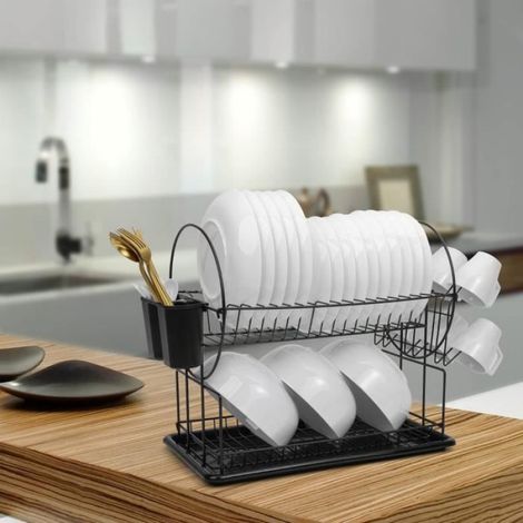 Egoutoire Vaisselle Cuisine Noir à 2 Niveaux en, egouttoir Vaisselle INOX avec Porte-ustensiles et bac d'égouttement. (1/4)