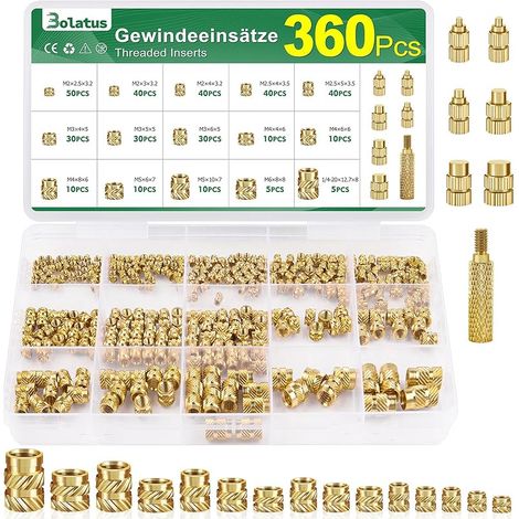 Lot de 360 inserts filetés M2 M2.5 M3 M4 M5 M6, écrous de fusion en laiton avec fer à souder, aide à la fusion, filetage moleté pour pièces en plastique, inserts filetés pour pièces (1/5)